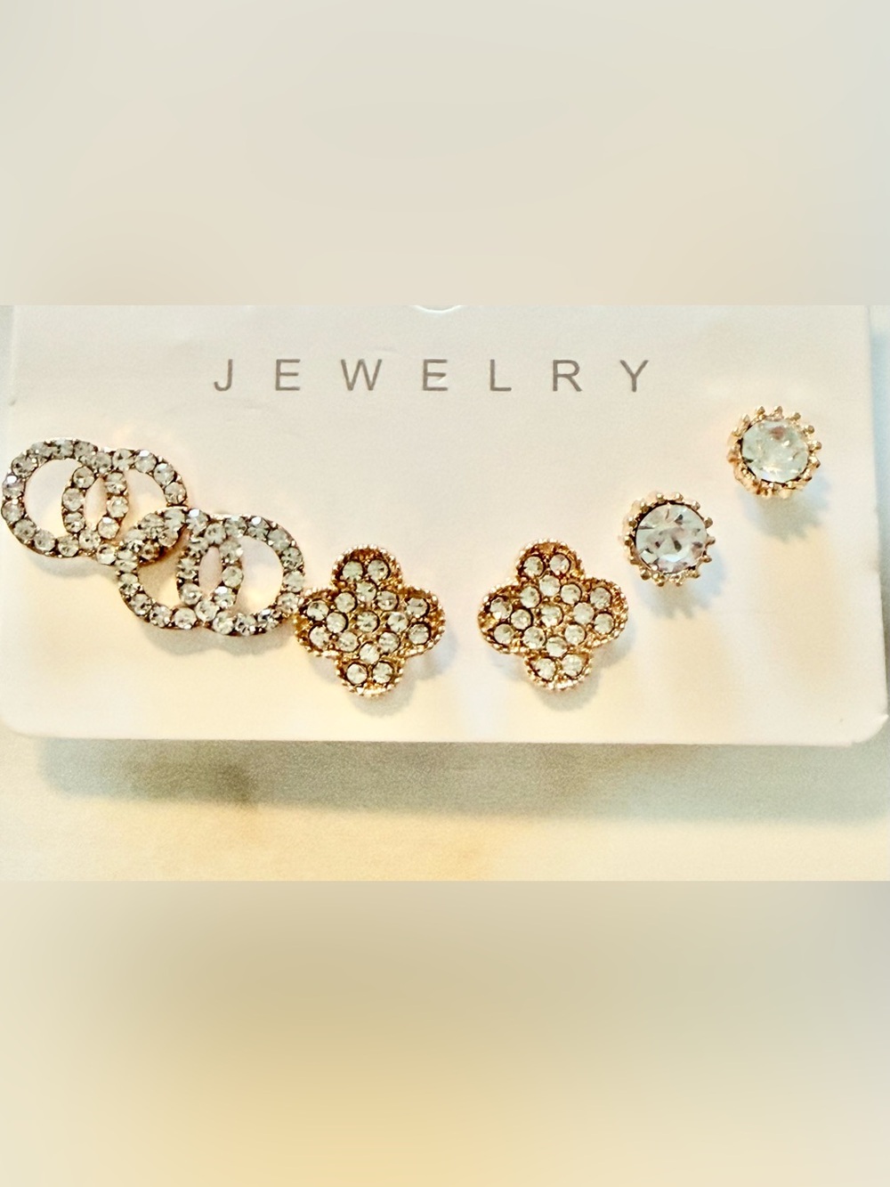 Crystal Clover Stud Earrings - Gold Tone